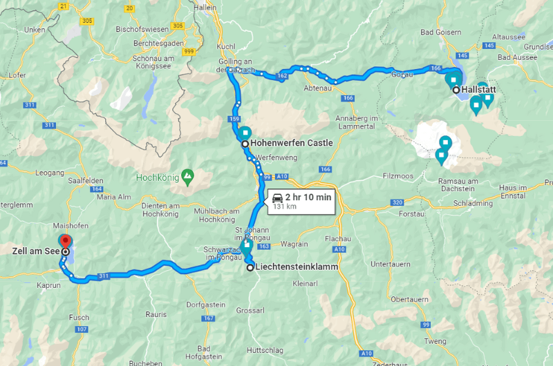Map showing route from Hallstatt to Zell am See, Austria