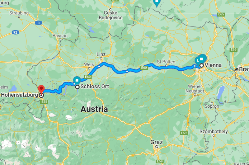 Map showing route from Vienna to Salzburg