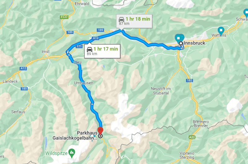 Map showing route to 007 Elements from Innsbruck, Austria