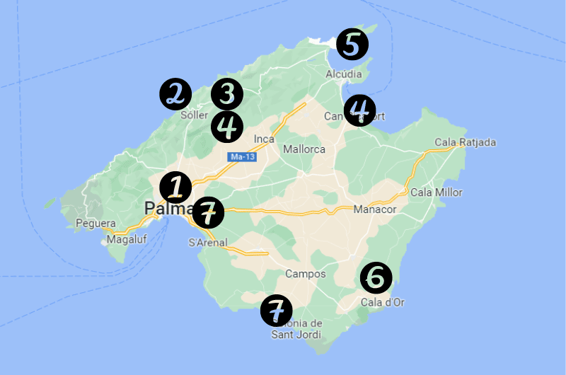 Map showing the places to visit on this 7 day Mallorca itinerary