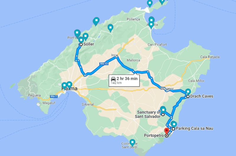 Map showing the route from Soller to Cala d’Or and Portopetro