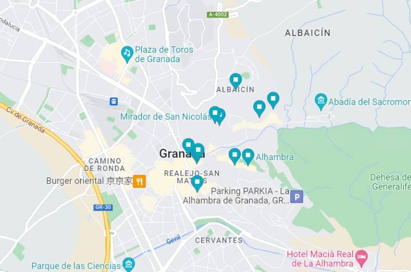 Map of the highlights of day 10 on Spain itinerary: Granada