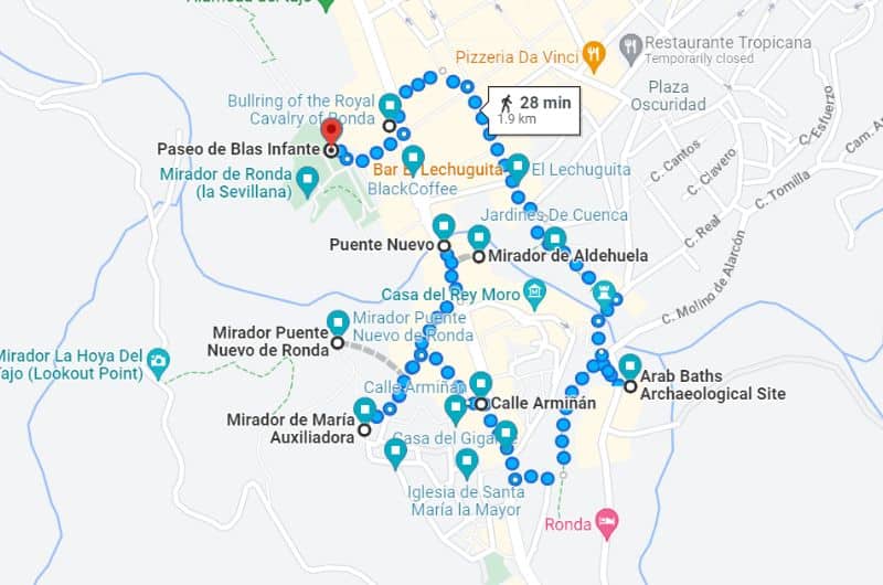 Map of day 6 on Southern Spain itinerary: Ronda