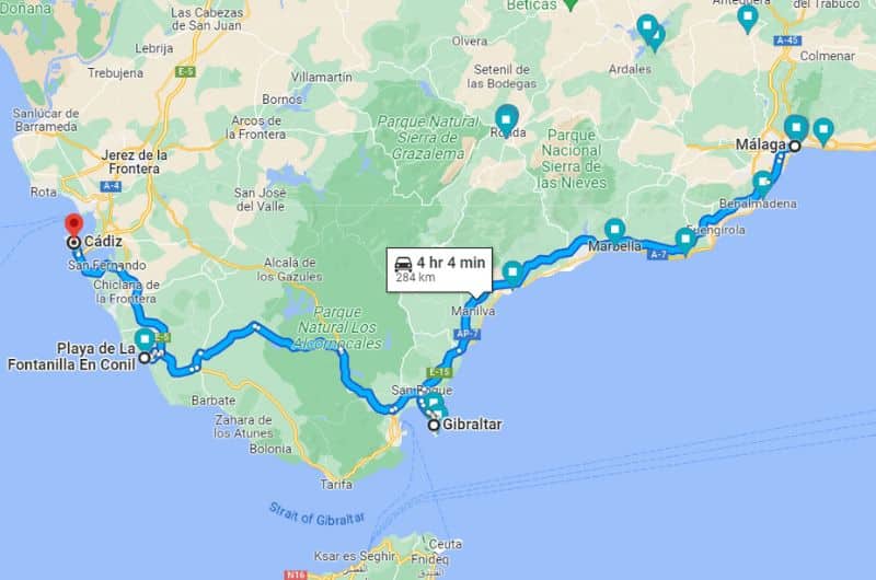 Map of day 7 on Southern Spain itinerary: Gibraltar