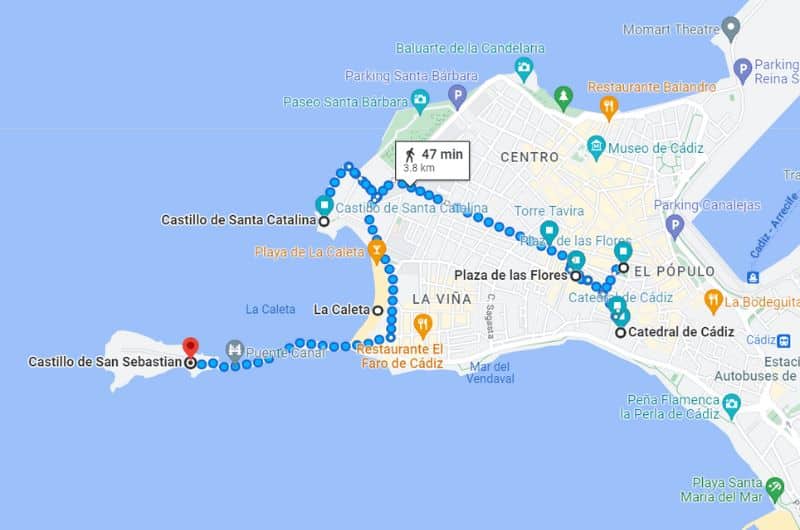 Map of day 8 on Southern Spain itinerary: Cadiz 