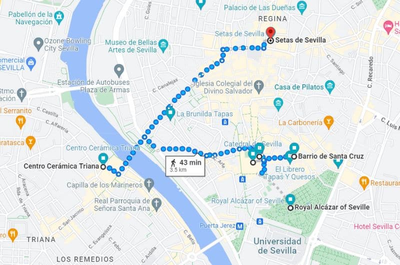 Map of day 8 on Spain itinerary: Sevilla