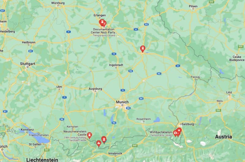 Map of the Bavaria highilghts—Bavaria itinerary 