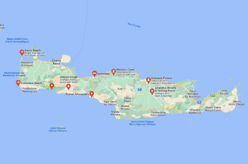 Map of day trips from Chania, Greece