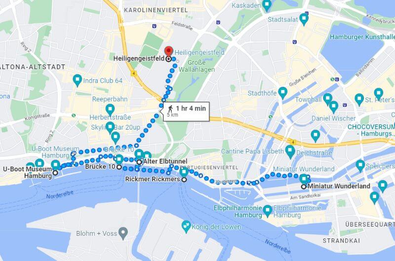 Map showing the walking route of day 2 on Hamburg 3 day itinerary