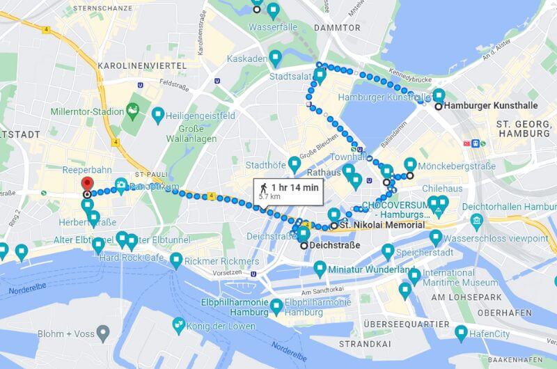 Map showing the walking route of day 3 on Hamburg 3 day itinerary 
