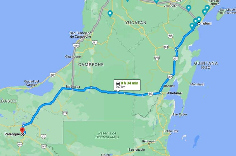 Map of day 6 and 7 of Yucatán Itinerary 