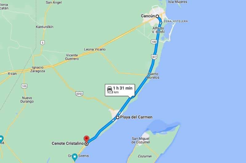 Map of day 11 of Yucatán Itinerary