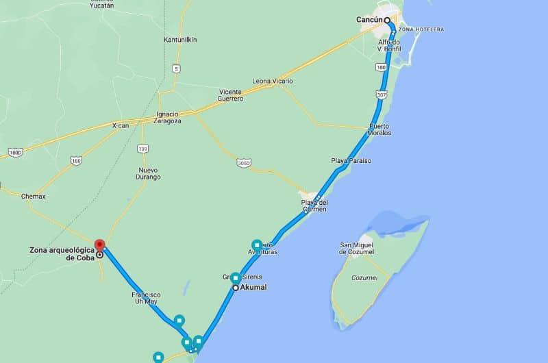 Map of day 13 of Yucatán Itinerary