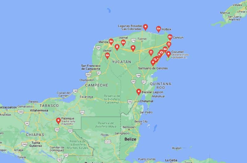 Map of Yucatán Itinerary 2 weeks