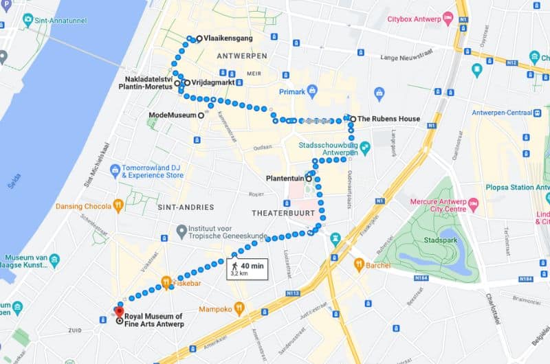 Map of day trip to Antwerp
