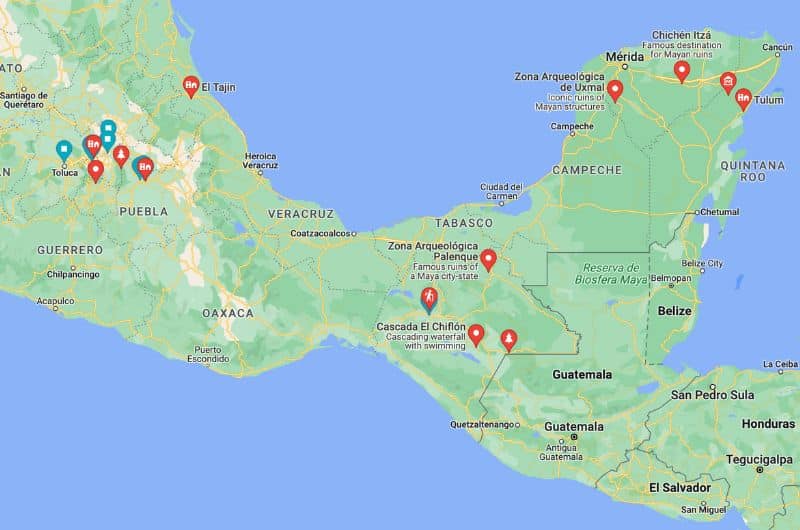 Map of the Mexico highlights, Mexico 2-week itinerary