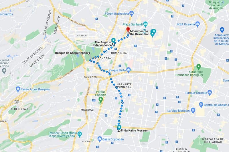 Map of the second day stops in Mexico City