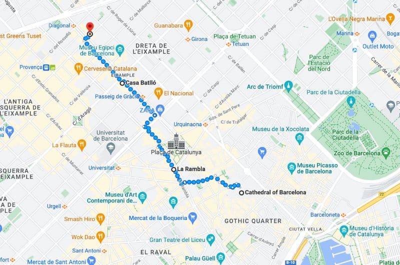 Map of day 1 Barcelona itinerary