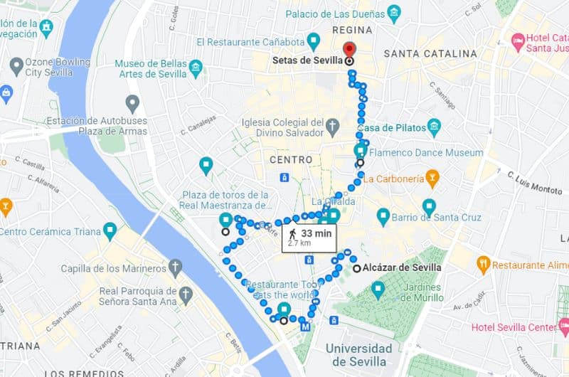 Map of Seville itinerary 2 days (second day)