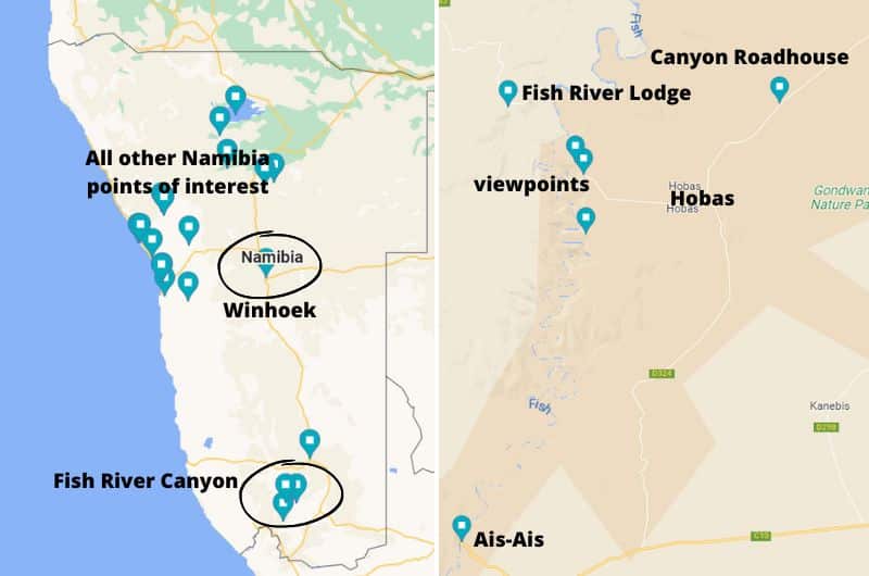 Namibia map and Fish River Canyon map