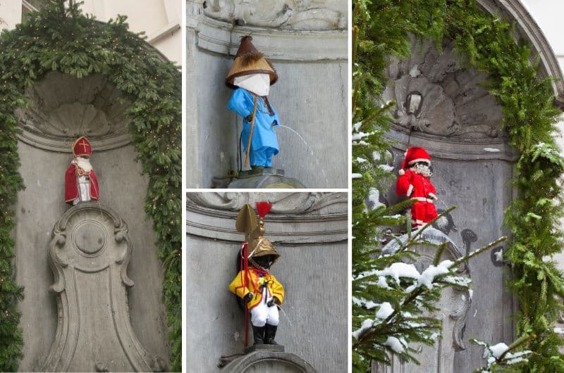 Manneken Pis statue in Brussels wearing various costumes