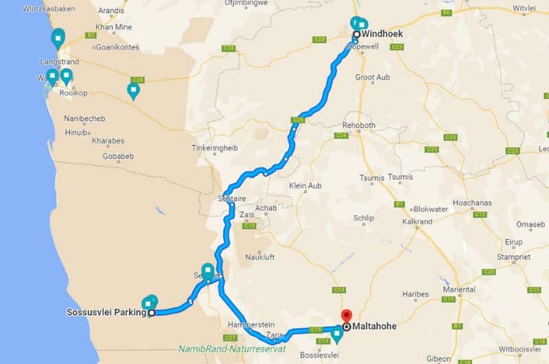 Map of day 2 on 10-day Namibia itinerary