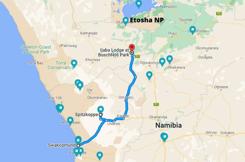 Map of day 6 on 10-day Namibia itinerary