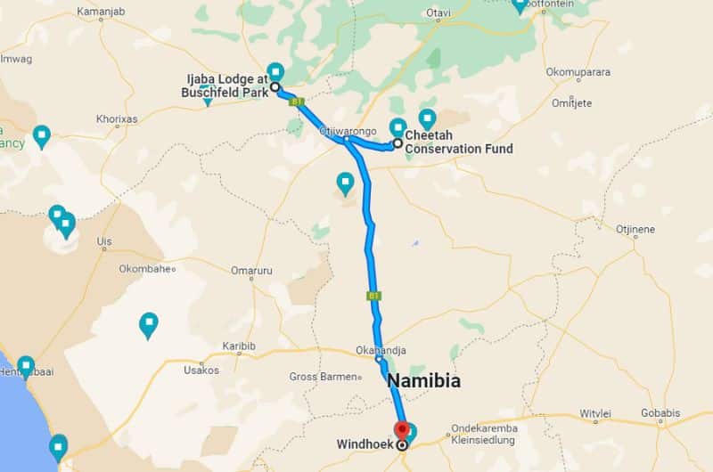 Map of day 9 on 10-day Namibia itinerary